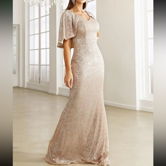 Luxe party formal cloak sleeve mermaid hem sequins gown dress champagne - Picture 3 of 8